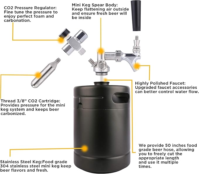 TMCRAFT 64oz Growler Tap System, Pressurized Stainless Steel Mini Keg with Cooler Jacket, Portable Home Dispenser System to Keep Fresh and Carbonation for Draft, Homebrew and Craft Beer (Matte Black)
