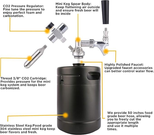 TMCRAFT 64oz Growler Tap System, Pressurized Stainless Steel Mini Keg with Cooler Jacket, Portable Home Dispenser System to Keep Fresh and Carbonation for Draft, Homebrew and Craft Beer (Matte Black)